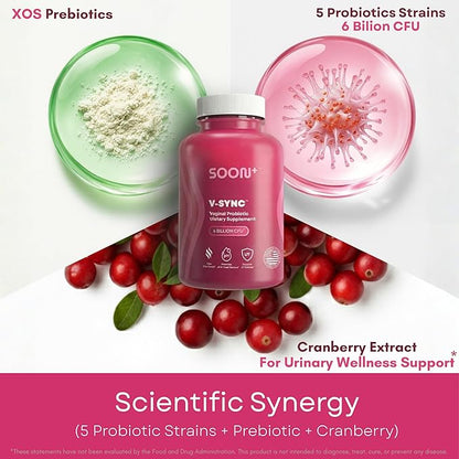 SOON+ Vaginal Probiotics for Women, V-Sync Vaginal Probiotic with Lactobacillus, Cranberry & Prebiotics, Support pH Balance for Women, Urinary Health Digestive Support, 6 Billion CFU, 60 Capsules