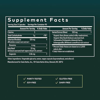 Gaia Herbs Adrenal Health Daily Support - Herbal Supplement with Ashwagandha, Holy Basil & Schisandra - Help Maintain Healthy Energy & Stress Levels* - 180 Vegan Liquid Phyto-Caps (90 Servings)