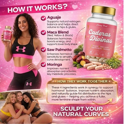 Caderas Divinas : Bigger Booty & Wider Hips – Aguaje + Maca Pills with Moringa & Saw Palmetto – 4 Super Ingredients for Natural Curve Growth – by CurvyFruit – 60 Capsules