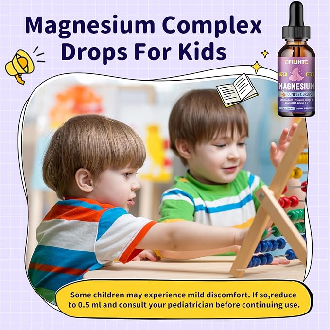 Kids Magnesium Liquid Drops-Magnesium Glycinate Liquid for Kids Supplement-w/L-theanine, Omega-3, Vitamin B6, D3 - for Sleep, Relaxation, Brain, Bones - Cherry Flavor, 4 Fl Oz