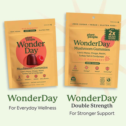 WonderDay Extra Strength Mushroom Gummies – Sugar Free Lion’s Mane, Cordyceps, Reishi & Chaga Supplement for Adults – Mood Boost, Energy, Focus, Immune Support & Gut Health – Vegan, Non-GMO (60 Count)