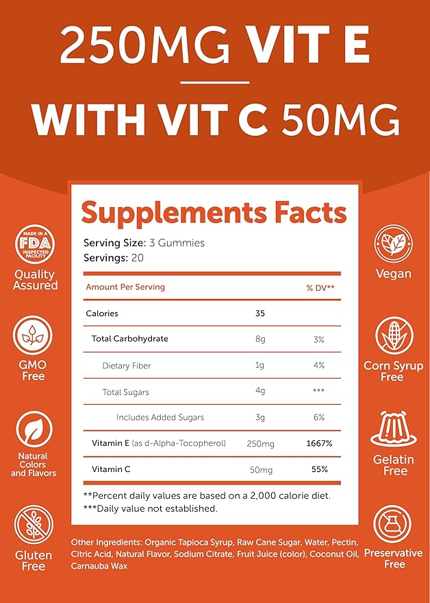 Lunakai USA Made Vitamin E Gummies 400IU with Vitamin C - Delicious, Vegan, Non-GMO Supplement for Daily Skin & Eye Support, 60ct