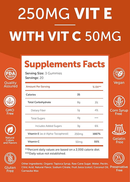 Lunakai USA Made Vitamin E Gummies 400IU with Vitamin C - Delicious, Vegan, Non-GMO Supplement for Daily Skin & Eye Support, 60ct