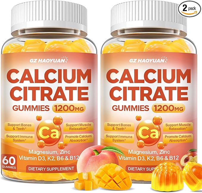 Calcium Citrate Gummies - 1200mg Calcium Gummies Supplements for Women & Men with Vitamin D3, K2, Magnesium, Zinc High Absorption for Bone, Muscle & Immune Support, Peach & Mango Flavor, 120 Count