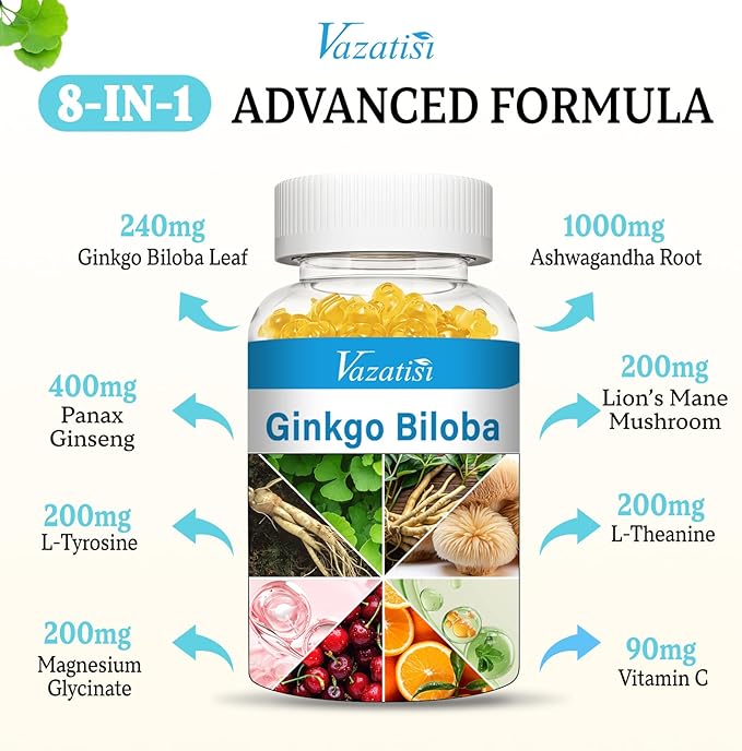 240MG Ginkgo Biloba Gummies | 60 Gummies | Improve Mood and Focus, Brain Health| Pineapple Flavor | Vegan, Non-GMO, Gluten Free Supplement