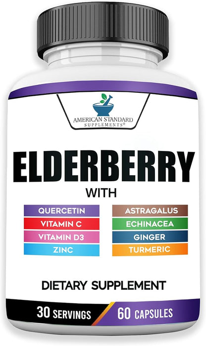 American Standard Supplements Elderberry Extract with Quercetin, Vitamin C, D3, Ginger, Zinc, Turmeric, Astragalus and Echinacea – 60 Capsules, 30 Servings