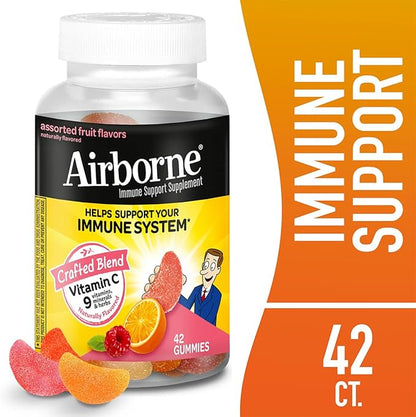 Airborne 750mg Vitamin C Immune Support Supplement Gummies for Adults, Assorted Fruit Flavor, Gluten Free Crafted Blend with Powerful Antioxidants Vitamins A C & E, 42 Gummies (2 Pack)