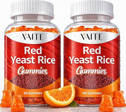 VAITE Red Yeast Rice with Coq10 Gummies - 1200 mg RYR Synergy Organic Supplement with Coenzyme Q10 Monacolin K, Non-GMO & Citrinin Free Herbal Vegetarian Gummy Chews 60 Count (2 Pack)