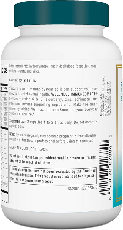 Source Naturals Wellness ImmuneSmart - for Core Daily Immune Support*, with Vitamins A, C, and D, Zinc, Elderberry, Echinacea, Andrographis, Turkey Tail and Garlic - 90 Capsules