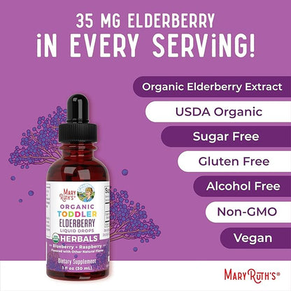 MARYRUTH'S Toddler Elderberry Syrup, USDA Organic Elderberry, Sugar Free Kids Immune Support Supplement for Ages 1-3 Years, Clean Label Project Verified®, Vegan, Non-GMO, Gluten Free, 1 Fl Oz