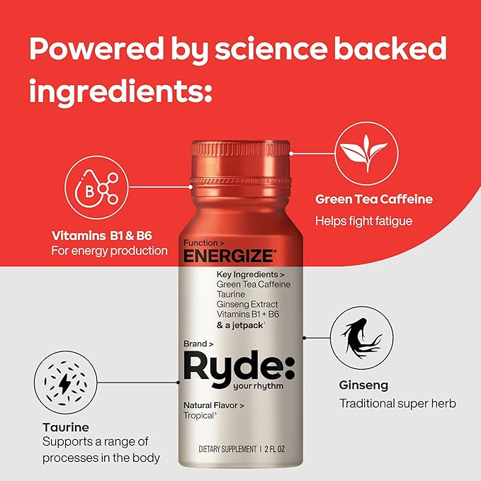 Ryde: Discovery Pack | Energize, Focus & Relax Shots | Green Tea Caffeine, Taurine, Ginseng, B Vitamins, L-Theanine, Lemon Balm, Chamomile | 0 Calories, 0 Sugar | Variety Pack – Try Them All (6 Pack)
