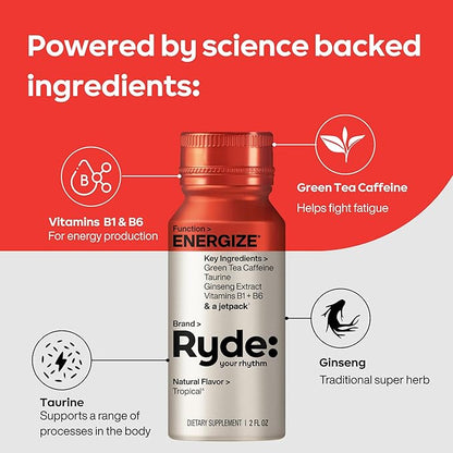 Ryde: Discovery Pack | Energize, Focus & Relax Shots | Green Tea Caffeine, Taurine, Ginseng, B Vitamins, L-Theanine, Lemon Balm, Chamomile | 0 Calories, 0 Sugar | Variety Pack – Try Them All (6 Pack)
