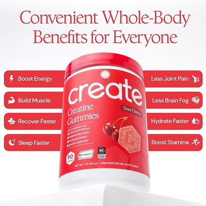 Create Creatine Monohydrate Gummies for Men & Women, Boost Focus, Strength, and Endurance, Anti-Melting Formula, Vegan, Gluten-Free, Non-GMO, 1.5g of Creatine per Gummy (Sour Cherry)