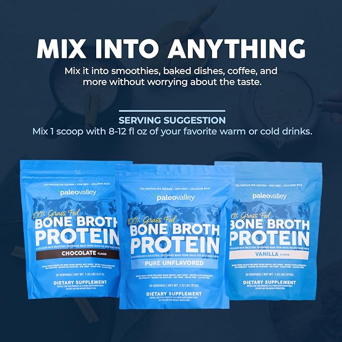 Paleovalley 100% Grass Fed Beef Bone Broth Protein Powder - Rich in Collagen Peptides for Hair, Skin, Gut Health, Bone and Joint Support - 13g Protein Per Serving - No Gluten or GMOs - Chocolate