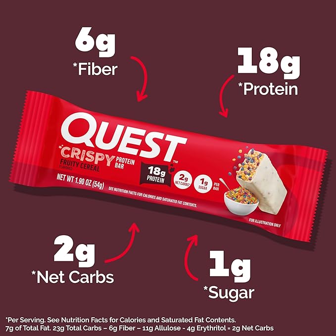 Quest Nutrition Crispy Protein Bar, Fruity Cereal Flavor, 18g Protein, 1g Sugar, 2g Net Carbs, Low Sugar, 12 Count