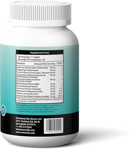 Hyaluronic Acid Supplement, Natural Skin Hydration, Advanced Joint Support and Mobility Booster, Type II Hydrolyzed Collagen, Turmeric, Glucosamine, Chondroitin, 30Caplets