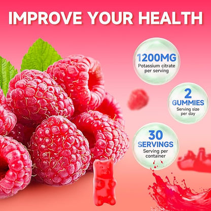 Potassium Citrate Gummies, High Potassium Supplement 1200mg Support Leg Cramps & Muscle Health, Potassium Gummies for Adults & Kids, Vegan, Raspberry Flavor 60 Count