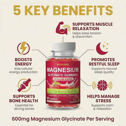 Magnesium Glycinate Gummies, Sugar Free Magnesium Supplement for Men & Women, Supports Relaxation, Gentle on Stomach, Chewable, Raspberry, 60 Count (Pack of 1)