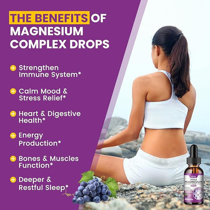 Liquid Magnesium Glycinate Supplement 1000mg, Calm Magnesium Citrate, Taurate Drops with Omega 3, Zinc, Ashwagandha, L-Theanine, Chamomile for Sleep, Mood, Stress Relief, Bone, Muscle, Grape Flavor