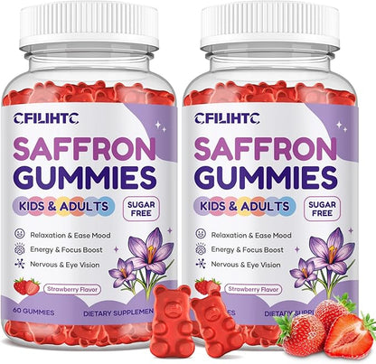 Saffron Gummies for Kids & Adults, 20-in-1 Saffron Supplements with 88.5mg Saffron Extract, B6, B12, C, D3, Magnesium for Calm, Focus, Nerve, Sugar Free, Vegan, Non-GMO - Strawberry Flavor, 120 Counts