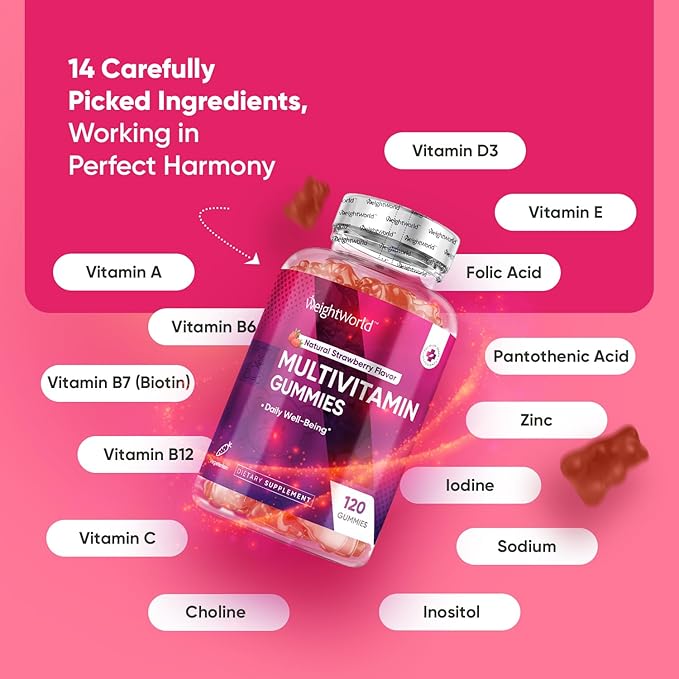 WeightWorld Adult Multivitamin Gummies for Women & Men of All Age - Halal-Suitable with Key Ingredients Like Vitamin A, C, D3, B6, B12 & Biotin - 50+ Mens & Womens Multivitamin Gummies - 120 Ct