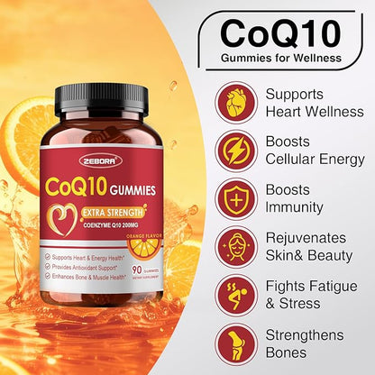 ZEBORA CoQ10 200mg Gummies, High Absorption Coenzyme Q10 Supplements with Omega-3, Heart & Energy Support, Powerful Antioxidant, Orange Flavor, 90 Gummies