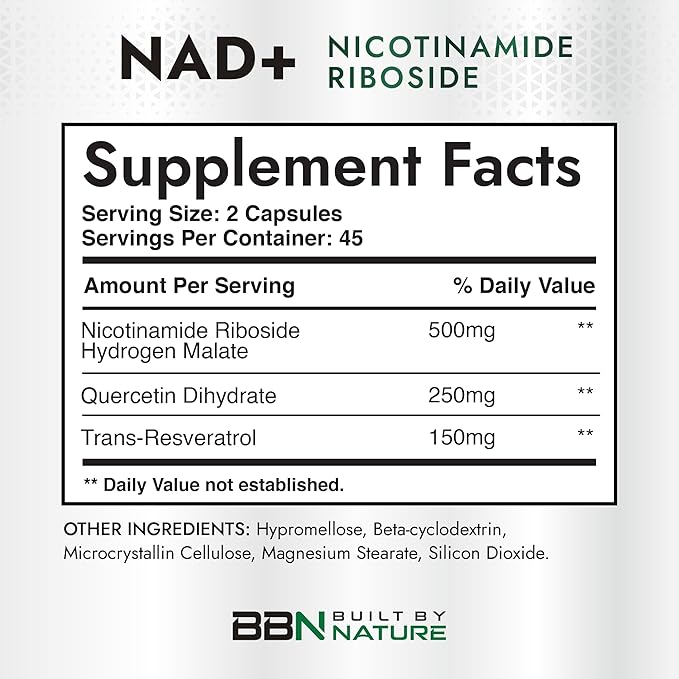 Built by Nature NAD Supplement – NAD+ Supplement with Nicotinamide Riboside 500mg, Quercetin & Trans-Resveratrol – NAD Plus/NR Supplement – NAD Resveratrol Supplement for Women & Men – 90 Capsules