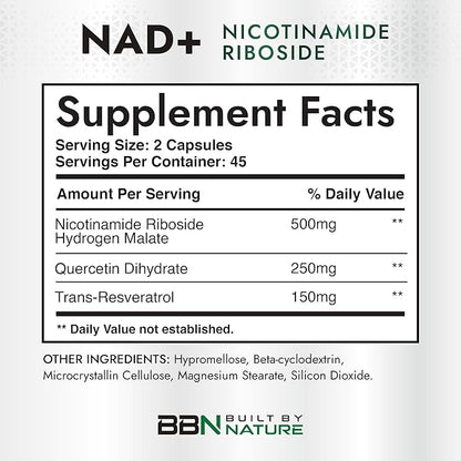 Built by Nature NAD Supplement – NAD+ Supplement with Nicotinamide Riboside 500mg, Quercetin & Trans-Resveratrol – NAD Plus/NR Supplement – NAD Resveratrol Supplement for Women & Men – 90 Capsules