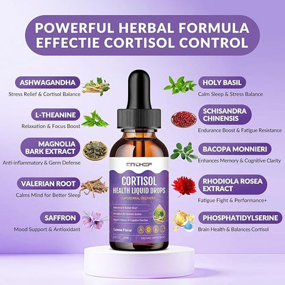 Cortisol Supplement Liquid Drops, Hormone Balance for Women Men Cortisol Detox with Magnesium Glycinate, L-Theanine, Rhodiola Rosea, Ashwagandha, Phosphatidylserine, Mood Focus, Sleep Support, 2 Fl Oz