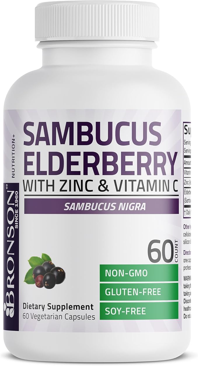 Bronson Sambucus Elderberry with Zinc & Vitamin C Triple Immune Support Complex Immune & Antioxidant Protection, Non-GMO, 60 Vegetarian Capsules