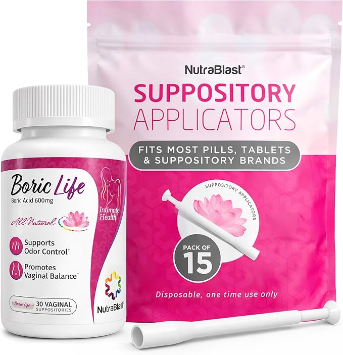 NutraBlast Boric Acid Suppositories 600mg Bundle with Applicator, 30 Suppositories & 15 Applicators - Feminine Care - Made in USA