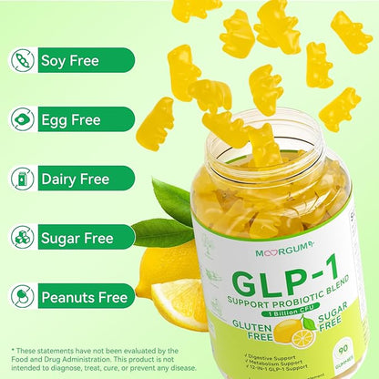 GLP-1 Support Probiotic Blend Gummies 90 Count, with Berberine, Cinnamon, Zinc, Inulin, 1 Billion CFU, 5 Probiotic Strains-1500mg Glp1 Support Blend Supplements, Gut Health, Digestive Wellness, Lemon