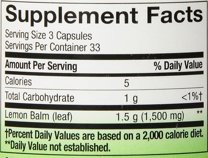 Nature's Way Melissa Lemon Balm Leaf, Traditional Sleep Support*, Melatonin Free, 1500 mg per 3-Capsule Serving, Non-GMO Project Verified, 100 Vegan Capsules (Packaging May Vary), (Pack of 2)