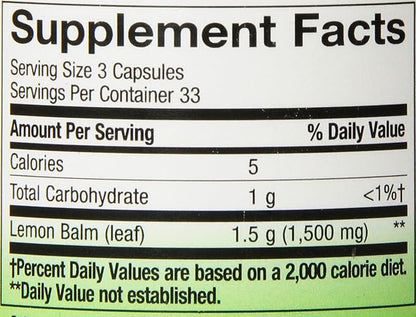 Nature's Way Melissa Lemon Balm Leaf, Traditional Sleep Support*, Melatonin Free, 1500 mg per 3-Capsule Serving, Non-GMO Project Verified, 100 Vegan Capsules (Packaging May Vary), (Pack of 2)