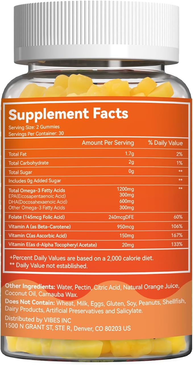 2 Pack Omega-3 Gummies Vegan 1200mg, EPA and DHA Omega-3 Fatty Acids with Folate, Vitamin A, Vitamins C & E, High Potency Omega 3 Supplements for Immune Support, 120 Count