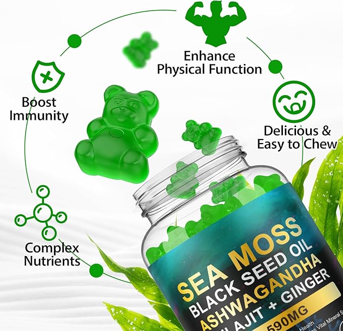 Sea Moss Gummies,with Elderberry Black Seed Oil,Ashwagandha&Ginger,Natural Irish Sea Moss for Immunity & Energy Supplement for Women,Men,Extra Strength,Great Tasting (1 Pack)