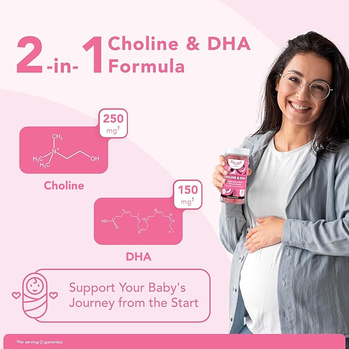 Prenatal Gummies with Choline & DHA - Preconception, Pregnancy & Postnatal Vitamins for Women - Choline 250mg + DHA 150mg - Vegan, Sugar-Free, Non-GMO