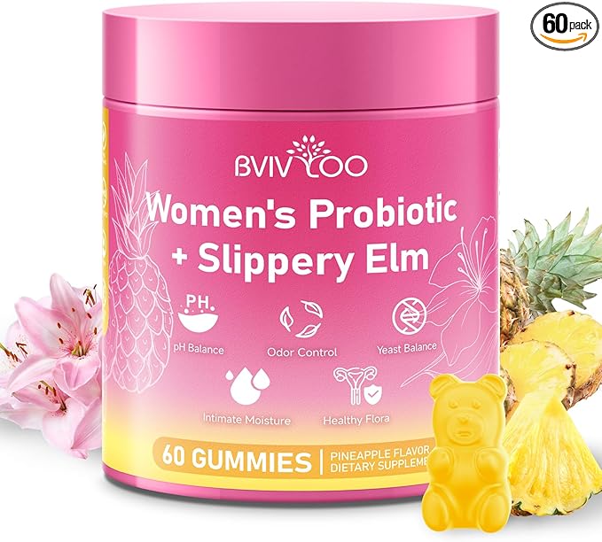 Women's Probiotic Slippery Elm Gummies - Her Juicy Probiotics for Feminine Health, Supports pH Balance & Immune System, Pineapple Flavor, 60 Count