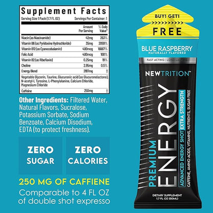 NewTrition® Extra Strength Energy Shots, 1.7 fl oz - 250mg Caffeine with Vitamin B & Amino Acids, Sugar-Free, Zero Calorie Vitamin Energy Drink for Focus & Endurance (Pack of 6, Blue Raspberry)