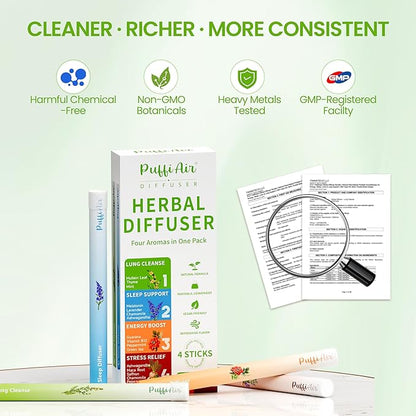 PUFFIAIR Herbal Diffuser Pen 4 Pack, Clean Botanical Aromatherapy Diffusers, Four Aroma Variety Set, Cool Mint & Herbal Scents, Smooth Daily Experience, Up to 600 Uses Each
