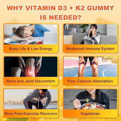 Vitamin D3 K2 Gummies for Women & Men, 6-in-1 Vitamin D Supplements with Magnesium, Zinc and Calcium for Bone, Immune & Energy Support, Sugar Free, Orange Flavor, 120 Count