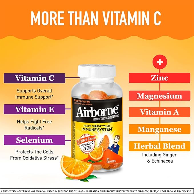 Airborne Immune Support Gummies, Zesty Orange Flavor, 63 ct - 750 mg Vitamin C + Vitamins A, D & E + Zinc, Selenium, and Manganese | with Herbal Blend | Naturally Flavored (4 Pack)