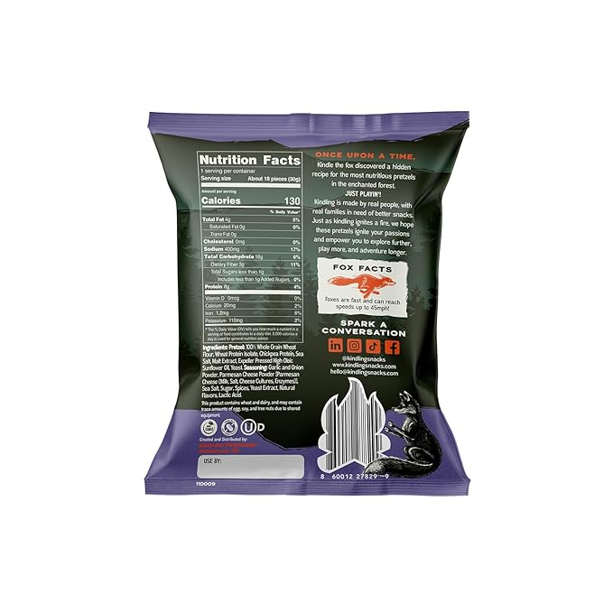 Kindling Protein Pretzels - Garlic-Parmesan | Protein-Packed Snack Size Bags | Kosher | 8-9g Protein Per Serving | No Artificial Flavors, Soy-Free | Lunches, Office Snacks, & On-the-Go | 16-Count (1.06oz Bags)