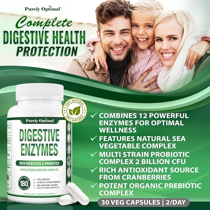 Purely Optimal Digestive Enzymes for Women and Men – Multi-Enzyme Supplement for Bloating Relief, Digestion and Heavy Meal Support – with Probiotics and Prebiotics for Gut Health – 180 Capsules