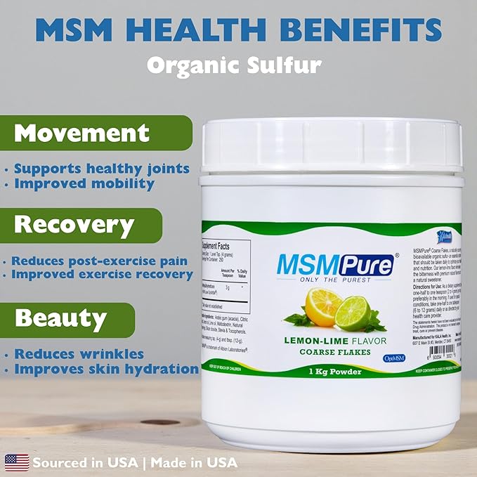 KALA HEALTH MSMPure Lemon Lime Flavored Coarse MSM Powder Flakes – US-Made MSM for Joint Health, Skin Appearance, and Hair & Nail Support – 2.2 lb, Organic Sulfur