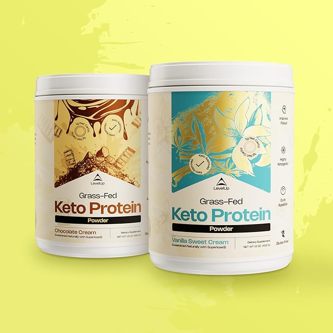LevelUp 𝗪𝗜𝗡𝗡𝗘𝗥 - 𝗕𝗘𝗦𝗧 𝗞𝗘𝗧𝗢 𝗣𝗥𝗢𝗧𝗘𝗜𝗡 Grass-fed Collagen Protein Powder, C8 MCT Oil, Whey Protein Isolate, Irish Butter, Ketogenic Protein Shake Supplement (Chocolate Cream)