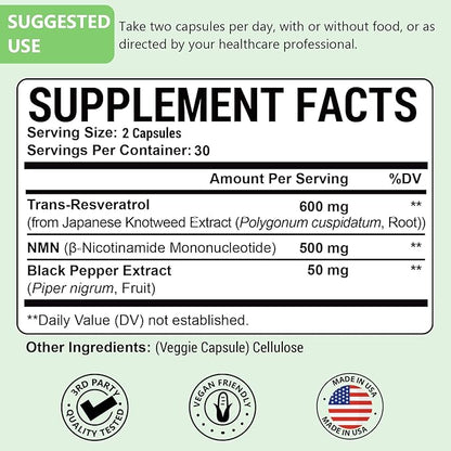 99% Ultra Purity NMN 500mg + Trans-Resveratrol 600mg, 1150mg NMN Resveratrol Supplement, 3-in-1 Advanced Formula for Boost* NAD, Cell, Immune, Energy & Muscle, Healthy Aging, Stabilized Form, 120 Caps