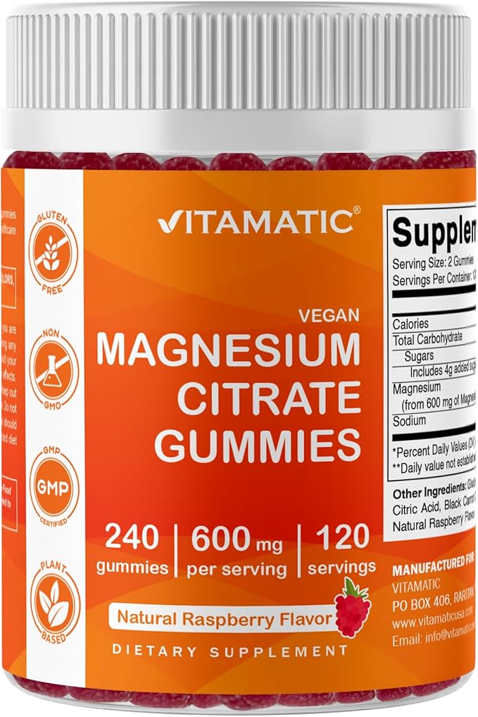 Vitamatic Magnesium Citrate Gummies 600mg per Serving - 240 Vegan Gummies - Natural Raspberry Flavor - High Absorption Magnesium Supplement - Supports Nerve, Bone and Muscle Health