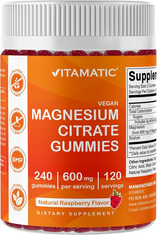 Vitamatic Magnesium Citrate Gummies 600mg per Serving - 240 Vegan Gummies - Natural Raspberry Flavor - High Absorption Magnesium Supplement - Supports Nerve, Bone and Muscle Health