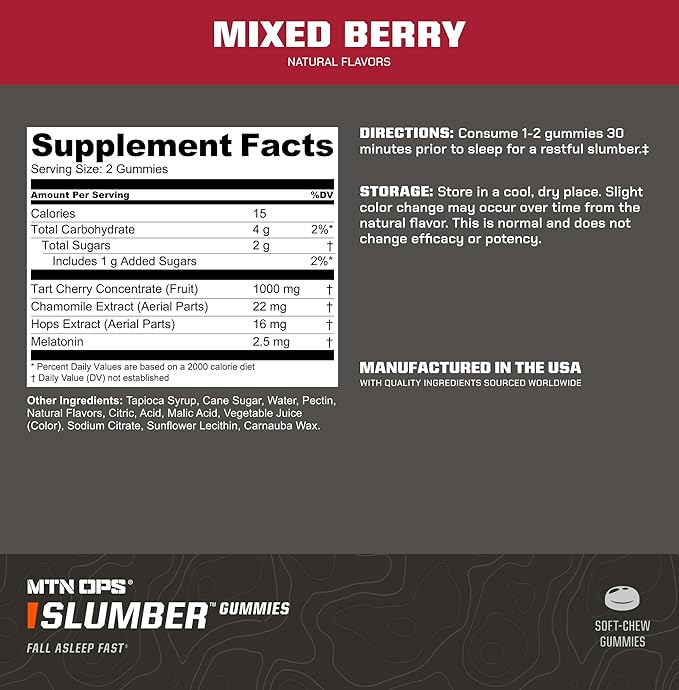 MTN OPS Melatonin Gummies for Sleep – Sleep Gummies with 2.5mg Melatonin, Tart Cherry 1000mg, Chamomile, Natural Flavors, Mixed Berry Flavor, 60 Servings